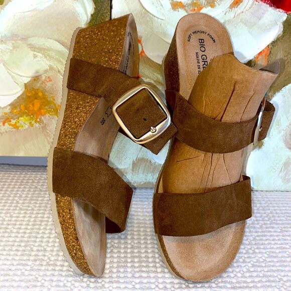 Bio Green Leather Crocks Wedge Slip on Sandals - Picture 1 of 7